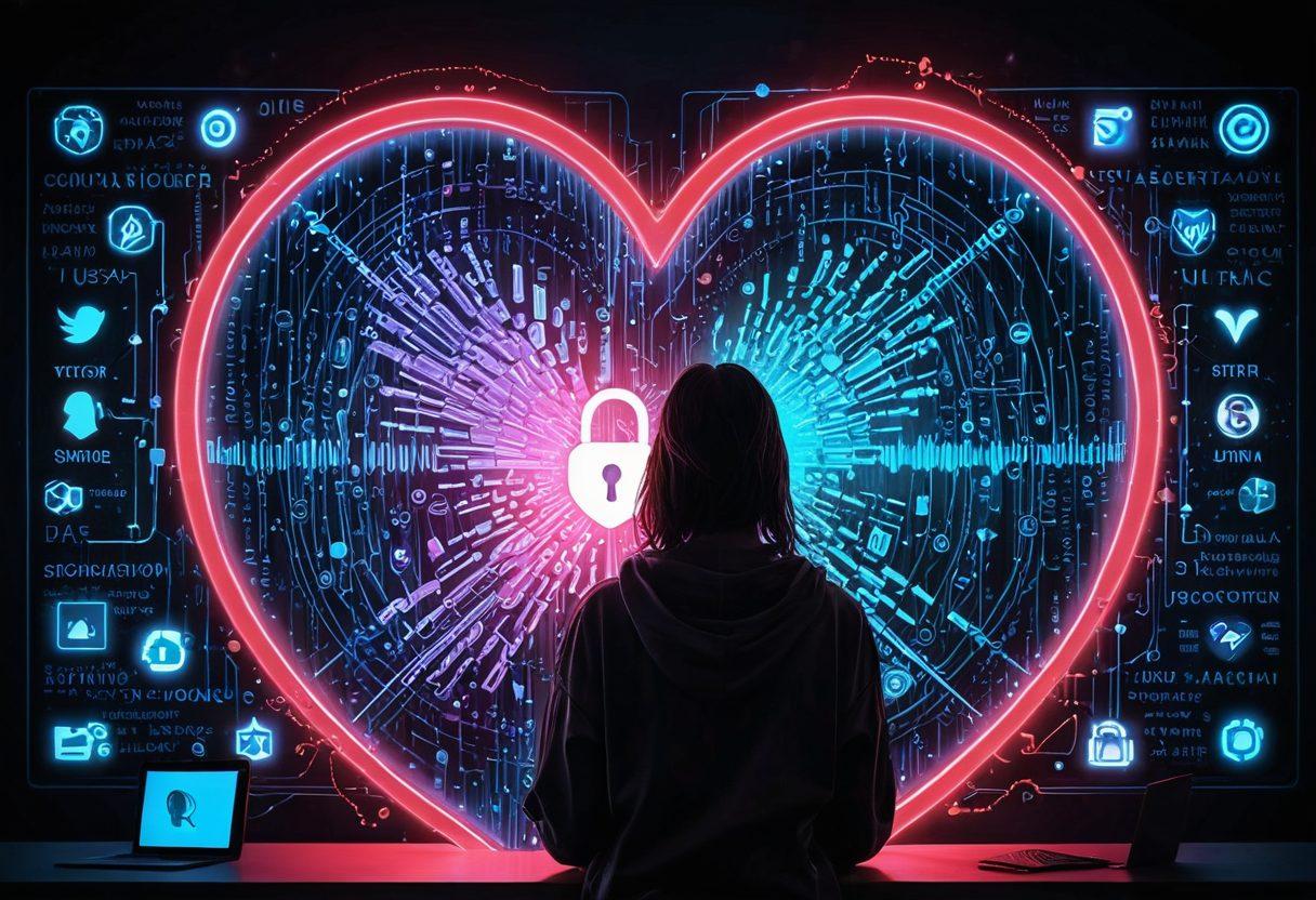 A heart-shaped digital lock symbolizing data security, surrounded by glowing social media icons and a background of binary code. A person looking thoughtfully at a computer screen, reflecting on online adoration and safety. The scene should convey a blend of warmth and caution. Rendered in a cyberpunk style with vibrant colors and sleek lines.