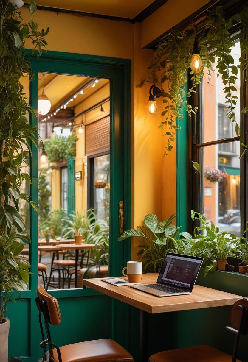 A romantic and intimate scene of a couple sitting in a cozy café, both engaged in a video call on their laptops, surrounded by soft lighting and vibrant plants. A large window showcases a bustling city but is blurred to suggest privacy. Incorporate elements of digital security, like padlocks subtly integrated into the décor. The ambiance should evoke warmth and trust, symbolizing the theme of maintaining privacy in online dating. super-realistic. vibrant colors. cozy atmosphere.