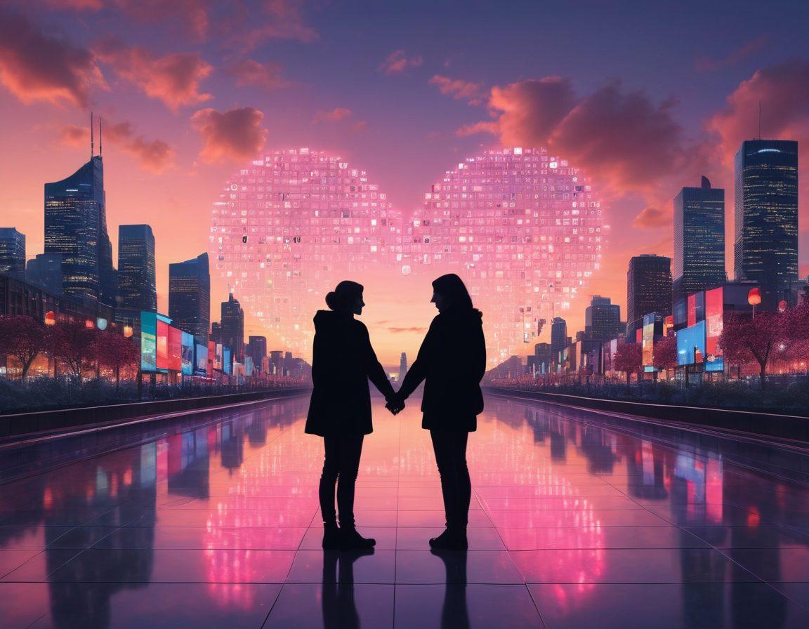 A romantic silhouette of a couple holding hands, surrounded by digital screens displaying anonymous chat messages and hearts, symbolizing online love. Incorporate elements like a glowing padlock and a heart-shaped cloud to signify security and romance. The background should feature a soft, dreamy cityscape at dusk, creating a serene atmosphere for love. pastel tones. super-realistic.